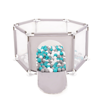 parc bébé hexagonal pliable avec balles plastiques, Gris:gris/blanc/turquoise, 100 balles