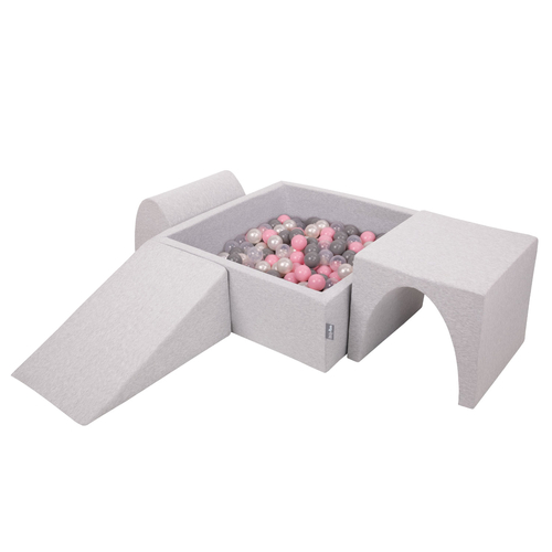 KiddyMoon Aire De Jeux en Mousse avec Carré Piscine À Balles pour Enfants, gris clair: perle/gris/transparent/rose poudré, Piscine (300 Balles) + Version 2