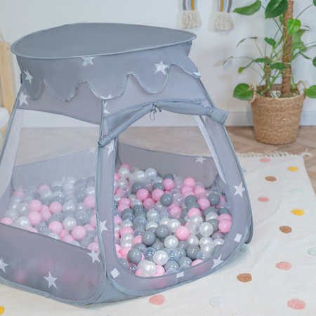Tente Château Pour Enfants Tente de Jeu Avec Balles Colorées Jouet Cabane Pop-up Château Facile À Monter Maison de Jeu Pour Intérieur et Extérieur, gris: perle-gris-transparent-rose poudré, 105x90cm/100 balles