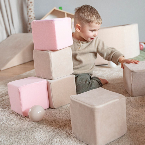 KiddyMoon Blocs De Construction En Mousse Pour Bébé Jouet Éducatif Housse En Velours, cubes: beige sableux/rose des sables, 12 Pieces