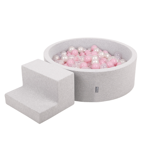 KiddyMoon Aire De Jeux en Mousse avec Rond Piscine à Balles pour Enfants, gris clair: rose poudré/perle/transparent, Piscine (100 Balles) + Marches