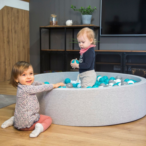 KiddyMoon Piscine À Balles Grande Rond pour Bébé, Fabriqué en UE, gris clair:gris-blanc-turquoise, 120x30cm/200 balles