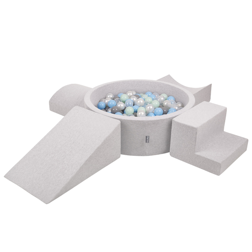 KiddyMoon Aire De Jeux en Mousse avec Rond Piscine à Balles pour Enfants, gris clair: perle/gris/transparent/babyblue/menthe, Piscine (300 Balles) + Version 5