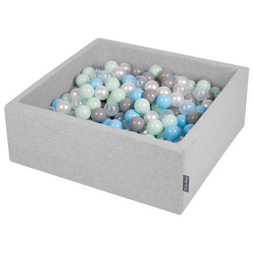 KiddyMoon Piscine à Balles ∅ 7Cm pour Bébé Carré Fabriqué En UE, gris clair: perle/gris/transparent/babyblue/menthe, 90x30cm/300 balles