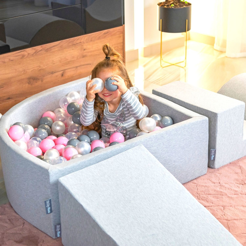 KiddyMoon Aire De Jeux en Mousse avec Quart Angulaire Piscine À Balles pour Bébé, gris clair: rose poudré/perle/transparent, Piscine (200 Balles) + Version 3
