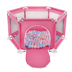 parc bébé hexagonal pliable avec balles plastiques, Rose:babyblue/rose poudré/perle, 100 balles