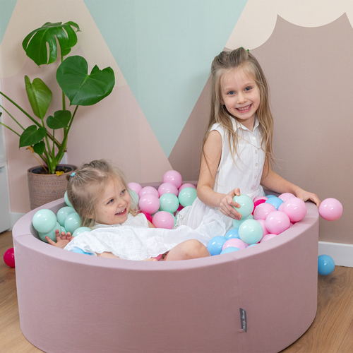 KiddyMoon piscine à balles ronde en mousse pour bébé et enfant, bassin sensoriel intérieur, housse lavable, inclus balles sécurisées, Béruée: rose poudre/rose foncé/baby blue/menthe, 90x30cm/300 balles