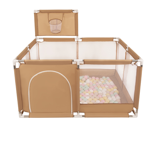parc bébé avec balles plastiques aire de jeu pliable basket, beige : beige pastel/jaune pastel/blanc/menthe/rose poudré, 200 balles