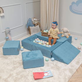 KiddyMoon Canapé en Mousse pour Enfants avec Balles et Pente Parfait Pour la Chambre D'enfant Léger Modulable Confortable Sécurisé Idéal pour Jouer et Se Détendre, bleu, Canapé/Pente