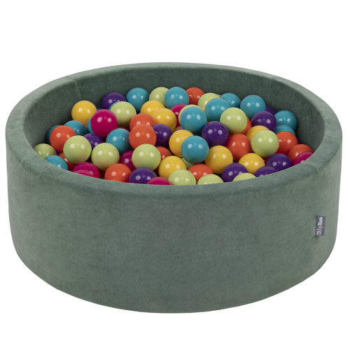 KiddyMoon Velours Piscine à Balles ∅7Cm pour Bébé Rond Fabriqué en EU, vert forêt: vert cl/jaune/turq/orange/r.foncé/violet, 90x30cm/300 balles