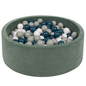 KiddyMoon Velours Piscine à Balles ∅7Cm pour Bébé Rond Fabriqué en EU, vert forêt: turquoise foncé/gris de vert/blanc, 90x30cm/200 balles