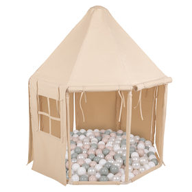 KiddyMoon Tente de Jeu Maison Pour Enfants En Forme De Pavillon De Jeu Pliable Tente Pop-Up Espace De Jeu Spacieux Et Confortable En Intérieur Et Extérieur, naturel: blanc/perle/beige pastel/vert de gris, 100 Balles