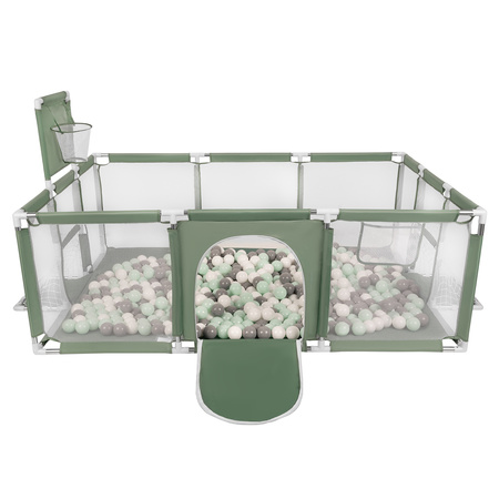 Parc Bébé avec Balles Plastiques Aire De Jeu Pliable Basket Football, vert : blanc/gris/menthe, 200 balles