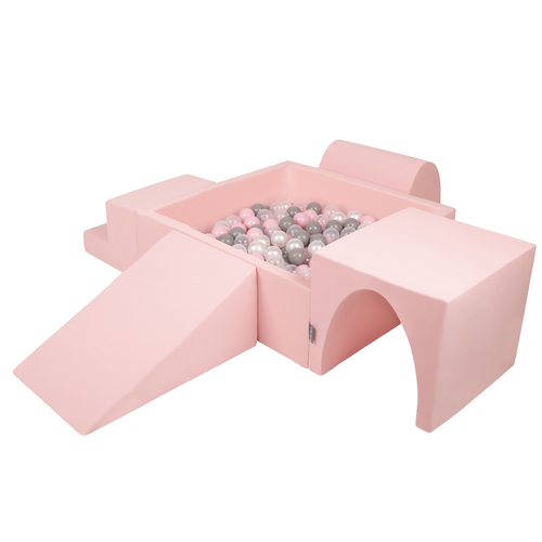 KiddyMoon Aire De Jeux en Mousse avec Carré Piscine À Balles pour Enfants, rose:perle/gris/transparent/rose poudré, Piscine (300 Balles) + Version 3