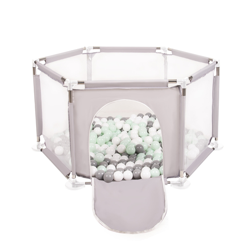 parc bébé hexagonal pliable avec balles plastiques, Gris:blanc/gris/mentha, 100 balles