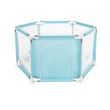 parc bébé hexagonal pliable avec balles plastiques, Mentha:perle/gris/transparent/babyblue/mentha, 900 balles