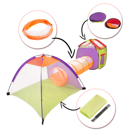 3en1 Tente de Jeux avec Tunnel Piscine à Boules avec Balles pour Enfants, Multicolore:blanc/jaune/orange/babyblue/turquoise, 200 balles