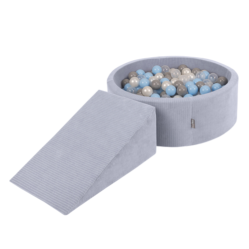 KiddyMoon Parcours Motricité En Mousse Avec Balles Enfants Favorise Créativité, Gris foncé : perle/gris/transparent/babyblue, Piscine (200 Balles) + Pente