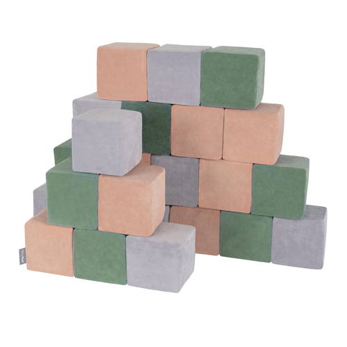 KiddyMoon blocs mous pour bébé cubes de construction en mousse housse velours, cubes: vert forêt-rose de sables-gris de montagnes, 24 Pieces