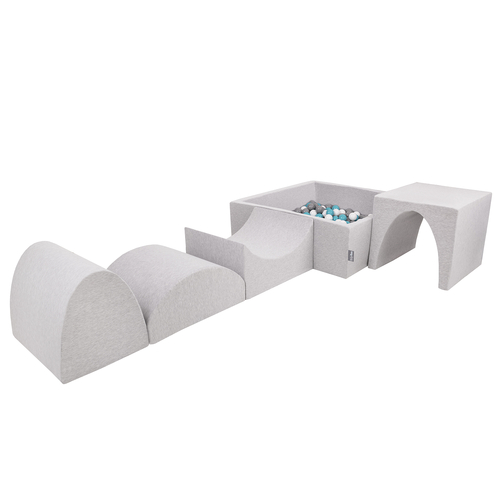 KiddyMoon Aire De Jeux en Mousse avec Carré Piscine À Balles pour Enfants, gris clair: gris/blanc/turquoise, Piscine (300 Balles) + Version 1