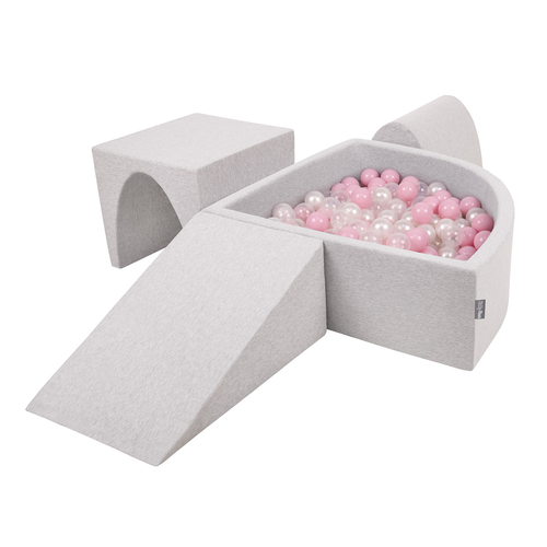 KiddyMoon Aire De Jeux en Mousse avec Quart Angulaire Piscine À Balles pour Bébé, gris clair: rose poudré/perle/transparent, Piscine (300 Balles) + Version 2