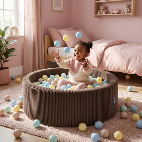KiddyMoon Piscine Bébé, Piscine À Balles Pour Bébé Et Enfant, Piscine Enfant En Mousse Douce, Housse Côtelée Lavable, Marron: Beige pastel/Blanc/Perle, 90x30cm/200 Balles