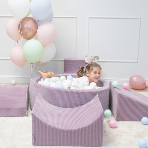KiddyMoon Piscine À Balles pour Enfants Mousse Côtelé Pour Motricité Bébé, Violet : bleu pastel/jaune pastel/blanc/menthe/rose poudré, 90x30cm/300 balles