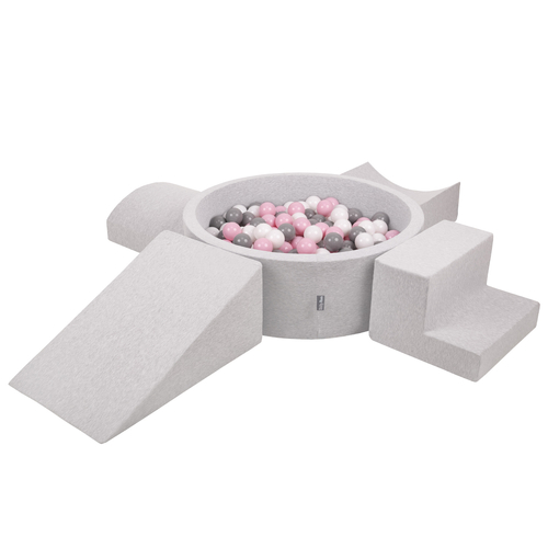 KiddyMoon Aire De Jeux en Mousse avec Rond Piscine à Balles pour Enfants, gris clair: blanc/gris/rose poudré, Piscine (300 Balles) + Version 5