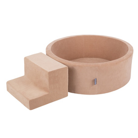 KiddyMoon Aire Velvet De Jeux en Mousse avec Rond Piscine à Balles pour Enfants, rose des sables: beige pastel/jaune pastel/blanc/menthe/rose poudre, Piscine (100 Balles) + Marches