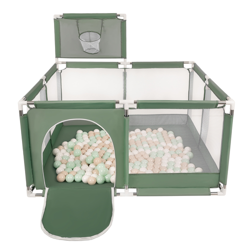 parc bébé avec balles plastiques aire de jeu pliable basket, vert : beige pastel/blanc/menthe, 100 balles