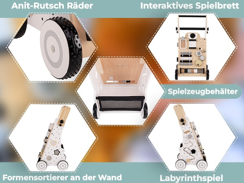 KiddyMoon Trotteur avec un Tableau D'activité, Chariot de Marche pour Bébé, Noir-Blanc, Poignée réglable