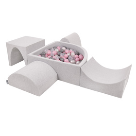 KiddyMoon Aire De Jeux en Mousse avec Quart Angulaire Piscine À Balles pour Bébé, gris clair: perle/gris/transparent/rose poudré, Piscine (200 Balles) + Version 1
