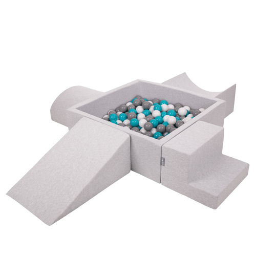 KiddyMoon Aire De Jeux en Mousse avec Carré Piscine À Balles pour Enfants, gris clair: gris/blanc/turquoise, Piscine (200 Balles) + Version 5