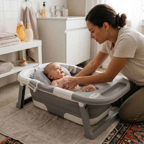 KiddyMoon baignoire pliable bébé plastique avec coussin, gris, M