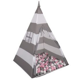 Tipi Tente de Jeu avec Balles Maison de Jeu pour Enfants, grises et blanches rayures:blanc/gris/rose poudré, 200 Balles