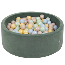 KiddyMoon Velours Piscine à Balles ∅7Cm pour Bébé Rond Fabriqué en EU, vert forêt: beige pastel/bleu pastel/jaune pastel/menthe, 90x30cm/200 Balles