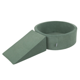 KiddyMoon Aire Velvet De Jeux en Mousse avec Rond Piscine à Balles pour Enfants, vert forêt: pastel beige/blanc/menthe, Piscine (100 Balles)+ Pente