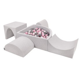 KiddyMoon Aire De Jeux en Mousse avec Quart Angulaire Piscine À Balles pour Bébé, gris clair: blanc/gris/rose poudré, Piscine (300 Balles) + Version 1