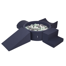 KiddyMoon Aire De Jeux en Mousse avec Rond Piscine à Balles pour Enfants, bleu foncé:blanc/gris/menthe, Piscine (300 Balles) + Version 5