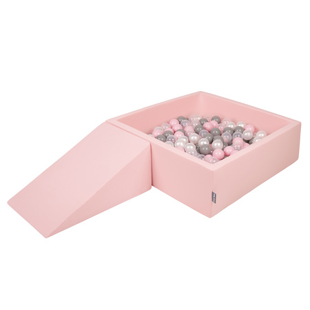 KiddyMoon Aire De Jeux en Mousse avec Carré Piscine À Balles pour Enfants, rose:perle/gris/transparent/rose poudré, Piscine (100 Balles)+ Pente