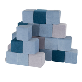 KiddyMoon blocs mous pour bébé cubes de construction en mousse housse velours, cubes: bleu lagune-bleu glacier-gris de montagnes, 24 Pieces