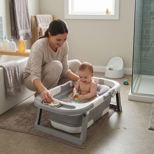 KiddyMoon baignoire pliable bébé plastique avec coussin, gris, M