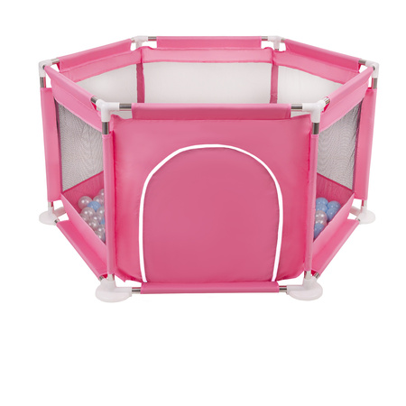 parc bébé hexagonal pliable avec balles plastiques, Rose:babyblue/rose poudré/perle, 400 balles