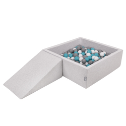 KiddyMoon Aire De Jeux en Mousse avec Carré Piscine À Balles pour Enfants, gris clair: gris/blanc/turquoise, Piscine (100 Balles)+ Pente