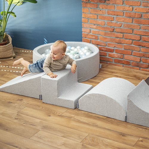 KiddyMoon Piscine À Balles Grande Carré pour Bébé, Fabriqué en UE, gris clair: babyblue-rose poudré-perle, 120x30cm/1000 balles