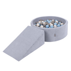 KiddyMoon Parcours Motricité En Mousse Avec Balles Enfants Favorise Créativité, Gris foncé : gris/blanc/babyblue, Piscine (100 Balles)+ Pente