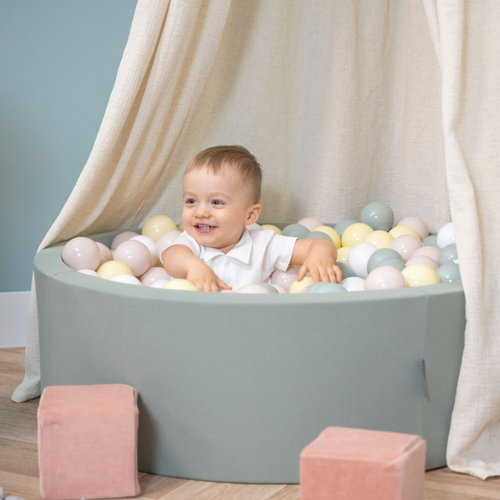 KiddyMoon Piscine À Balles ∅ 7Cm pour Bébé Rond Fabriqué en UE, sauge : beige pastel/vert de gris/jaune pastel/blanc, 90x30cm/200 Balles