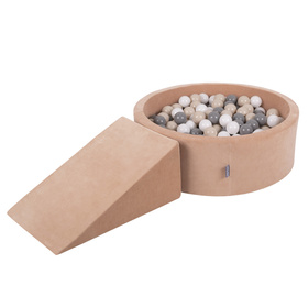 KiddyMoon Aire Velvet De Jeux en Mousse avec Rond Piscine à Balles pour Enfants, rose des sables: pastel beige/gris/blanc, Piscine (200 Balles) + Pente