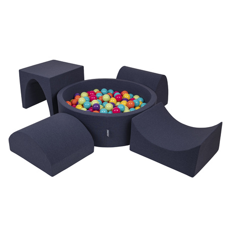 KiddyMoon Aire De Jeux en Mousse avec Rond Piscine à Balles pour Enfants, bleu foncé:vertClr/jaune/turq/orange/rfoncé/violet, Piscine (200 Balles) + Version 1