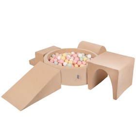 KiddyMoon Aire Velvet De Jeux en Mousse avec Rond Piscine à Balles pour Enfants, beige sableux: beige pastel/jaune pastel/blanc/menthe/rose poudré, Piscine (300 Balles) + Version 3